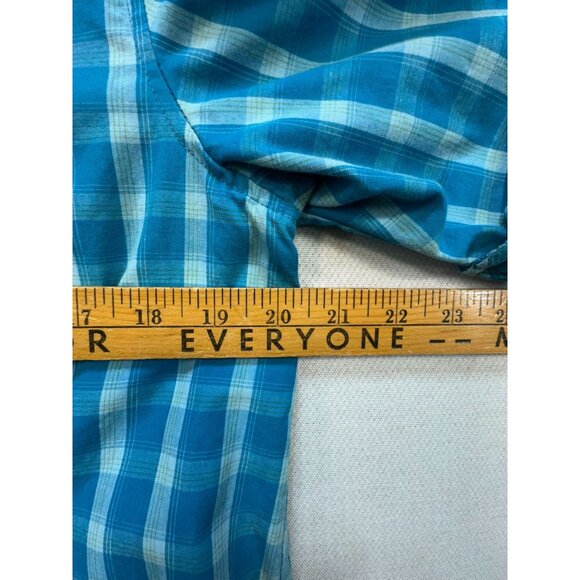 Bit & Bridle Womens Button-Up Short Sleeve Shirt L Blue Plaid Embroidered Accent - Picture 7 of 9